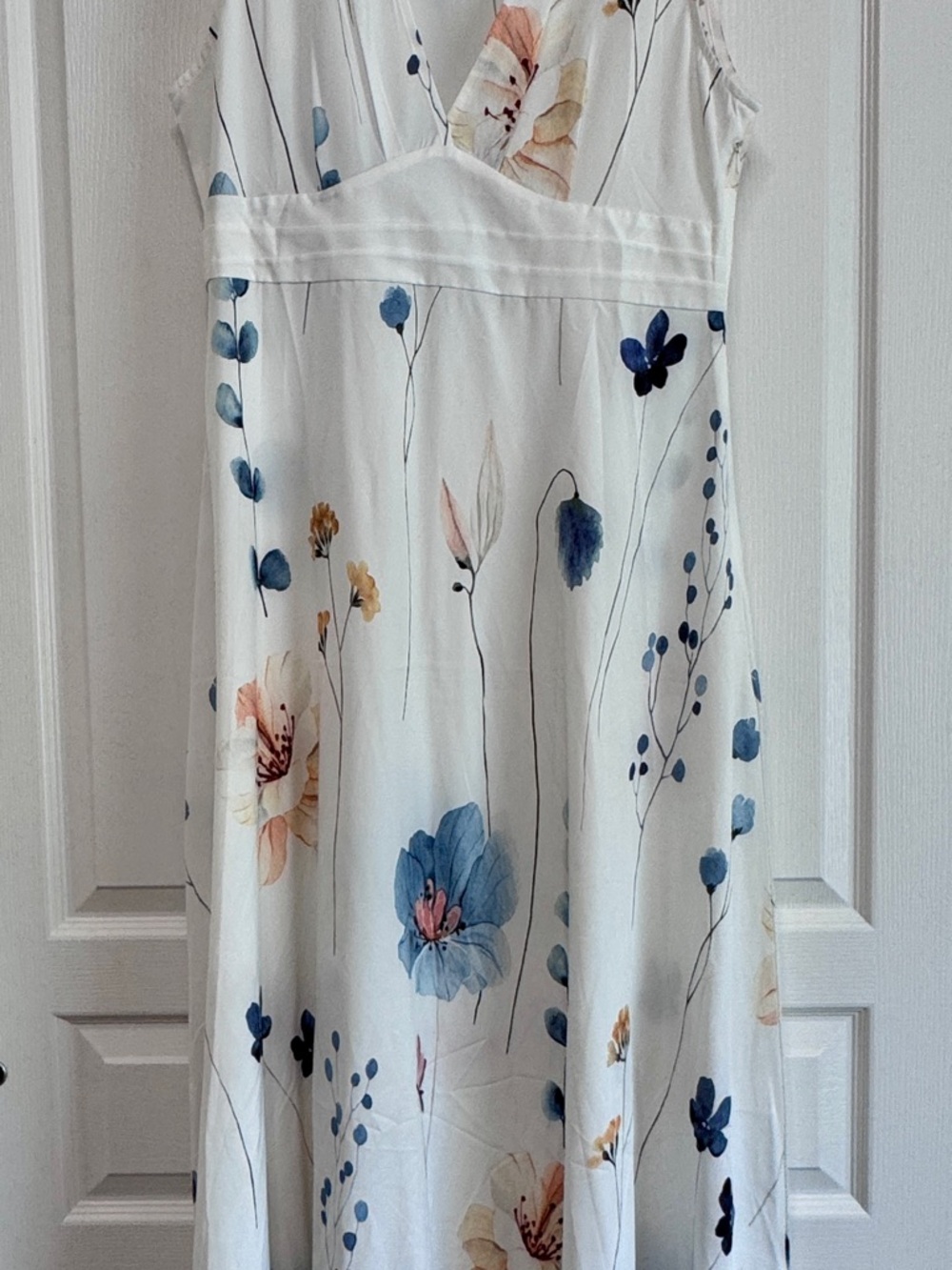White Floral Maxi Dress with Blue & Peach Blooms